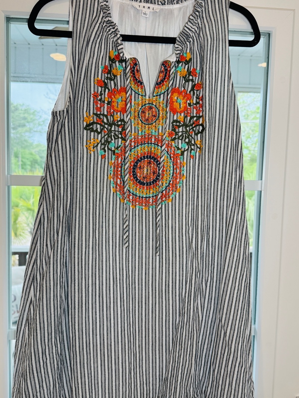 THML Embroidered Striped Boho Swing Midi Dress Size L - Picture 4 of 11